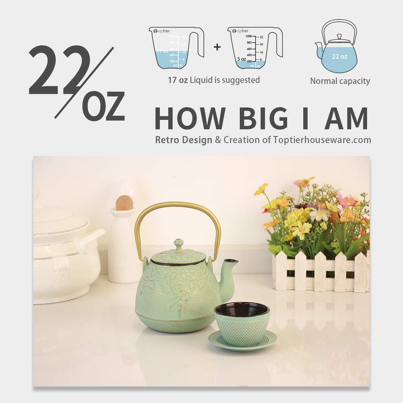 TOPTIER Tea Kettle for Stove Top, Cast Iron Teapot Stovetop