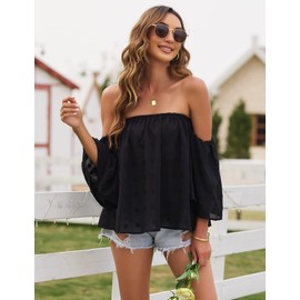 Bluetime Women Summer Off Shoulder Chiffon Blouse Ruffles Short Sleeves Tops Casual T Shirt (S, Polka Dot Black)