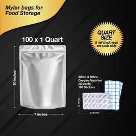 100 Pcs 1 Quart Mylar Bags for Food Storage - 7"x10" Mylar Vacuum Seal Bags - Ziplock & Air Tight Bags with 10 Mil Thickness-Resealable Mylar Bag-Stand up Pouch with Label Sticker and Oxygen Absorbers