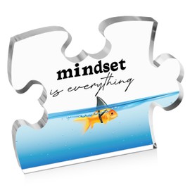 Inspirational Gifts for Friends Coworker, Engraved Acrylic Block Heart Puzzle with Gift Box, Mindset is Everything, 3.9 x 3.3 Inch Engraved Acrylic Office Desk Sign - PT26