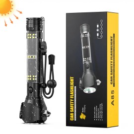 10-in-1 Car Safety Hammer Flashlight – 6000LM Rechargeable Emergency Tool with Window Breaker, Alarm, Cutter, Solar Power & Magnet