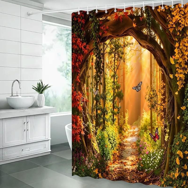 Fall Forest Shower Curtain Set,Autumn Bathroom Decor Curtain