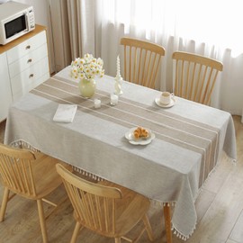 JIALE Tablecloths for Rectangle Tables, Cotton Linen Table cloth Waterproof Tablecloth Wrinkle Free Farmhouse Dining Table Cover, Soft Fabric Table Cloths with Tassels, Brown, 55" X 86", 6-8 Seats