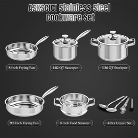 ASKSCICI Stainless Steel Cookware Set, 16-Piece Pots and Pans Set Non Toxic, Kitchen Induction Cookware with Glass Lids, Steamer, Utensil Sets, Pot Protectors & Apron, Oven & Dishwasher Safe, Silver