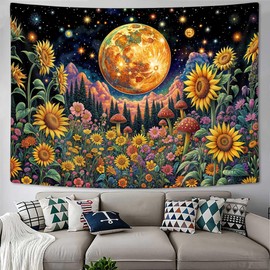 BATRUG Bohemian Floral Moon Art Tapestry, Fantasy Mystic Mountain Forest Tapestry, Colorful Flower Nature Scenery Plants Wall Tapestry Vintage Aesthetic Tapestry Wall Hanging for Bedroom 60 X 40 IN