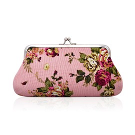 WisePoint Coin Purse for Women, Canvas Coin Wallet Coin Pouch for Women, Kiss Lock Wallet Change Pouch Wallet with Rose Pattern for Shopping, Dating, Travel, Work (pink)