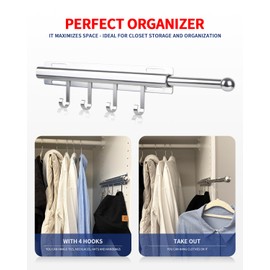 BaiNong 12 inch Valet Rod for Closets Pull Out Closet Valet Rod Slide Out With 4 Hooks Silver Pull Out Clothes Hanger