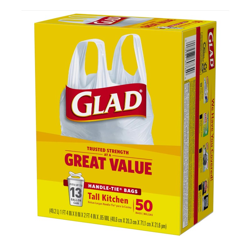 Glad Tall Kitchen Handle-Tie Trash Bags - 13 Gallon White,