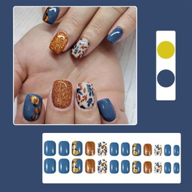 LBPEPAMZ Fall Press on Nails Short Square Fake Nails Autumn Blue Maple Leaf Fake Nails Thanksgiving Yellow Glitter Pumpkin Stick on Nails Full Cover Glossy Acrylic Nails Glue on Nails for Women 24Pcs