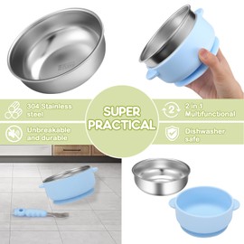 Wesketch 2 Pack Stainless Steel Baby Bowls with Removable Non-Slip Silicone Suction Shell, Anti Scald Food Container for Baby Food Feeding, Forks + Spoons Included - Blue & Green