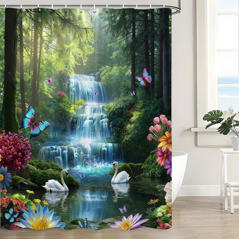 Rainforest Waterfall Shower Curtain Tropical Floral Butterfly Nature Green Tree