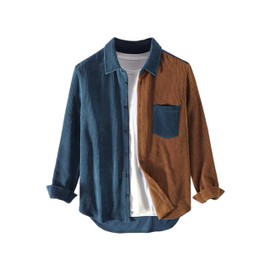 UANEO Mens Shacket Patchwork Long Sleeve Button Down Corduroy Shirts for Men (Blue-M)