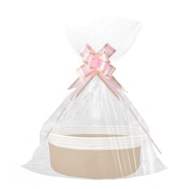 Empty Gift Basket, Storage Basket, Braided Basket for Gifts with Gift Bags and Ribbons, Empty Gift Basket for Birthday, Wedding, Baby Shower, Thanksgiving, Christmas (Khaki and White)