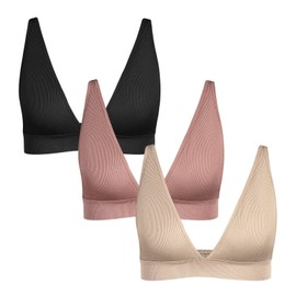 INIBUD Bralette for Women Summer Yoga Sports Ribbed Plunge Cami Bra Seamless V Neck Triangle Comfy 3-PCS-L