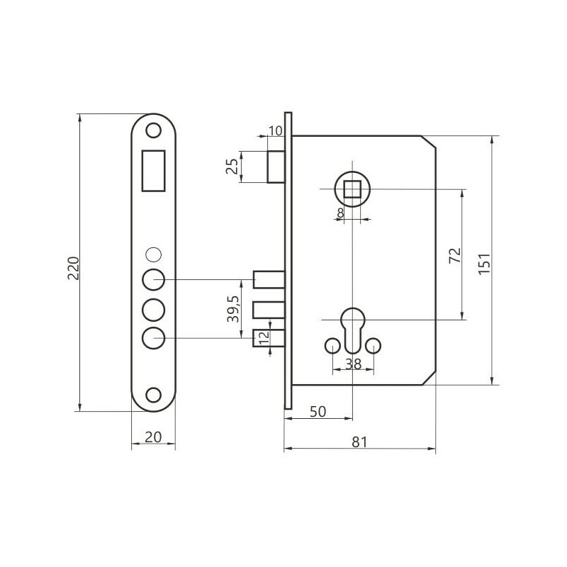 Euro Sash Lock Case, 72mm x 50mm, Mortice Door Lock