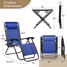 Athena Collection Zero Gravity Outdoor Lounge Chair Set of 2 with Side Table, 29" Width Pool Lounge Lawn Chairs Reclining with Cup Holder, Outdoor Chaise for Beach Patio Backyard Outside, Blue