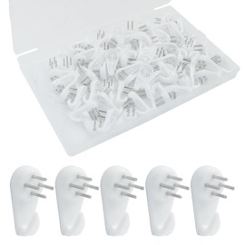 Rierdge 60 Pcs Non-Marking Hooks, Removable Hard Wall Hanging Hook Plastic Hardwall Hanger for Hanging Picture, Photo, Frame, White (30*15mm)