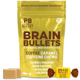 160mg L-Theanine + 80mg Caffeine Chews – Coffee Caramel Flavour, Increases Productivity, Mental Clarity, Alertness | 4 Packs - 16 Servings | Brain Bullet | Energy Gum & Focus Gummy Upgrade