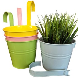 Color Iron Hanging Planters for Outdoor Plants - 4pcs, 6.3" Flower Pots, Hanging Plants, Railing Planter Boxes, Over Wall w/ Drainage Hole, Detachable Hook