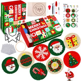 XIMISHOP 8PCS Christmas Punch Needle Coasters Kit，Easy Punch Needle Starter Kit for Beginners Punch Needle Embroidery Coasters with Patterns, Tools, Yarns, Hoop, Instructions & Coaster Holder