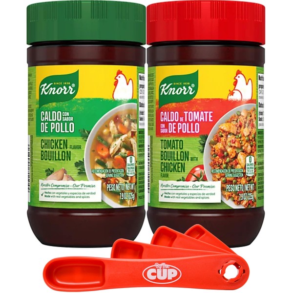 Knorr Granulated Bouillon Bundle, Chicken Flavor and Tomato with Chicken Flavor, 7.9 oz (Pack of 2) with By The Cup Swivel Spoon
