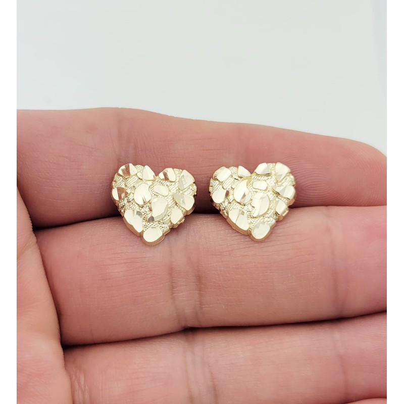 10K Yellow Gold Diamond Cut Nugget Heart Earrings Large
