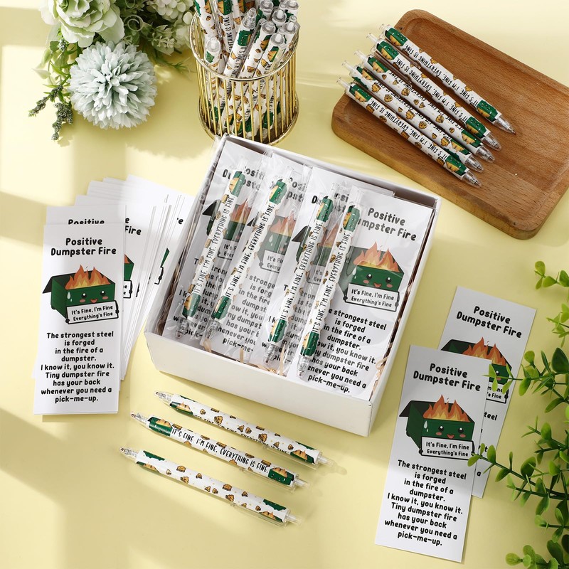 24 Sets Dumpster Fire Gifts Funny Ballpoint Pens and Bookmarks