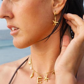Shell Necklace and Starfish Hoop Earrings Set, Charm Necklace - Gold Necklace for Women, Initial Necklace - Letter A-Z Pendant Choker, Waterproof, Non-Tarnish Gold Necklace, Gifts for Women (G-Style)