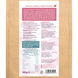 300g Organic Acerola Cherry Powder Freeze-Dried 100% Natural Vitamin C Raw Extract Food Supplement Immune System Booster Vegan Gluten-Free Superfood Ascorbic Acid Alternative No Additives Non-GMO