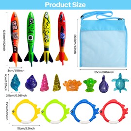 Pack of 17 Children's Pool Toy, Underwater Diving Toy Set with Diving Torpedo Diving Rings Diving Jewels Carry Bag, Diving Toy Children, Swimming Pool Toy for Boys Girls from 5-12 Years (A)