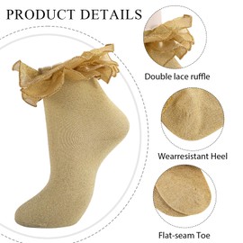 MKYSZLT Women Gold Glittery Ruffle Ankle Socks Adult Double Lace Silver Sparkling Frilly Socks Cute Fluffy Dress Sock Woman (US, Alpha, One Size, Regular, Regular, gold - 1 pair)