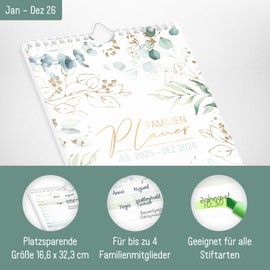 Häfft® Family Planner 2026 Compact with 4 Columns "Gold Leaf" 16.5 x 32.5 cm - Wall Calendar Family Calendar for 12 Months Jan to Dec 26 - Sustainable & Climate Friendly