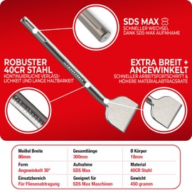 SCHWABENBACH® SDS MAX Tile Chisel 300 x 80 mm Angled - Tile Removal Tool - Ideal for Removing Plaster - Flat Chisel - Extra Hardened Tip - Hammer Drill Chisel 80 mm for Professionals