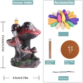 YYW Cute Mushroom Incense Holder, Resin Waterfall Incense Holders Cone Stick Holder with 20 Incense Cones + 30 Incense Sticks + 1 Mat + 1 Tweezers for Home Office Mushroom Decor Gift
