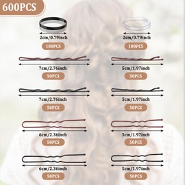 Bobby Pins Hair Pins Kit,600pcs Hair Pins for Buns,200 Bobby Pins Brown Black Hair 200 U Shaped Hair Pins and 200 Elastic Hair Bands with Storage Box,Hair Clips Bobby Pins for Women Hair Accessories