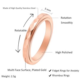 Nanafast 3mm Titanium Steel Anxiety Rings for Women Men Multi-faceted Wedding Band Fidget Rings for Anxiety for Women Rhombus Spinner Ring for Stess Relief Comfort Fit for Engagement Rose Gold 7