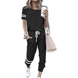 PRETTYGARDEN Women Summer Two Piece Outfits Striped Short Sleeve Pullover and Long Pants Tracksuit Travel Pajama Lounge Set (Black,Large)