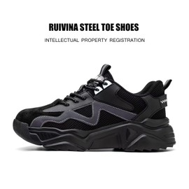 Ruivina Steel Toe Shoes for Women Safety Shoes Wide fit Indestructible Work Sneakers Men Lightweight Slip on Resistant Breathable Puncture Proof Composite Toe Shoe Black 42