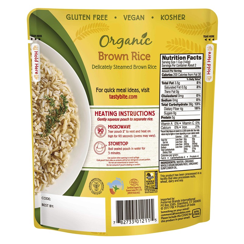 Tasty Bite Organic Brown Rice, 8.8 Ounce, Pack of 12
