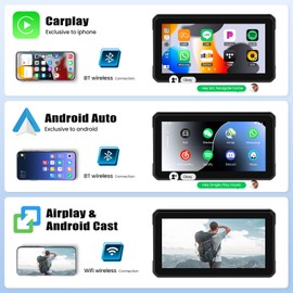 Portable Motorcycle Carplay Screen with Wireless CarPlay Android Car, 6 Inch IP68 Waterproof Motorcycle GPS CarPlay Screen Supports Bluetooth, Mirrorlink, Siri