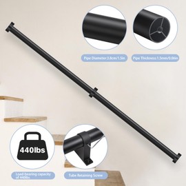 Industrial Stair Railing Metal Hand Rails for Indoor Stairs Wall Mount Staircase Handrails 1.5" Pipe Stair Handrail for Steps Black Aluminum Stairway Railing for Outdoor & Indoor Stairs 5ft