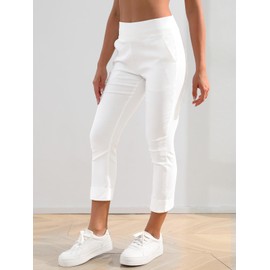 JAMfit Women's Pull-On Capri Pants Stretch High Waist Dressy Casual Cropped Pants with Pockets White