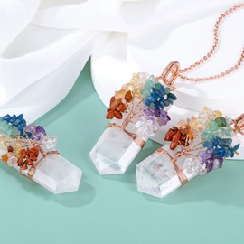 VadiForest 7 Chakra Stone Life Tree Wire Wrapped Pendant Necklace Reiki Crystal Tumbled Stones Pendant Clear Quartz Hexagonal Point Necklace Jewelry for Good Luck Yoga Meditation