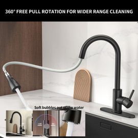 Oersitor Kitchen Faucet with Pull Down Sprayer，Brushed Stainless Steel Single Handle Kitchen Faucet，Multiple Modes Switch Water,1/3 Hole, Deck Plate Included (Black)