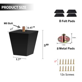 Txcucc Sofa Legs Square Bed Feet 3 inch Wood Replacement Leg for Furniture Set of 4,Black (3”, 4set)