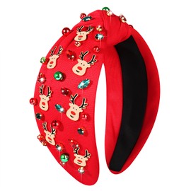 HZEYN Christmas Headbands for Women Santa Reindeer Headband Beaded Crystal Knotted Headband Holiday Party Hair Accessories (Red Reindeer)