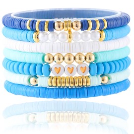 CCINPPY Friendship Bracelets Trendy Heishi Clay Bead Bracelets Stack Gold Beaded Stretch Bracelets for Women Boho Stackable Bracelets Bulk Cute Preppy Jewelry, Dark Blue
