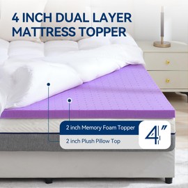 BDEUS Dual Layer 4 Inch Memory Foam Mattress Topper Twin XL Size for Dorm Room, 2 Inch Gel Memory Foam Plus 2 Inch Down Alternative Quilted Pillow Top Mattress Pad Cover,College Dorm Essentials,White
