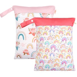 AKOZLIN Bolsa para Ropa Mojada, 2 Bolsas para Pañales Mojados y Secos, Bolsa Impermeable para Ropa Mojada de Bebé con Doble Cremallera para Pañales, Ropa Sucia, Salidas, Natación, Baño (Rosa 2 Pcs)