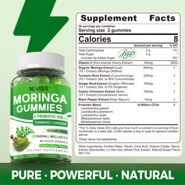Moringa Gummies for Women Men w/Probiotic Turmeric Ginger Ceylon Cinnamon, Sugar Free, Organic Moringa Powder Capsules Alternatives, Pure Moringa Leaves Green Superfood Supplement - Vegan, 120Cts